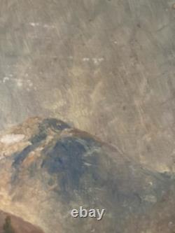 Beautiful Oil Painting on Cardboard, River Mountain, Post-Impressionist Antique Art