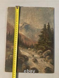 Beautiful Oil Painting on Cardboard, River Mountain, Post-Impressionist Antique Art