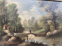 Beautiful Oil Painting on an Antique 19th Century River Panel Fishing Signed to Identify Forest
