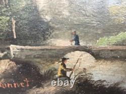 Beautiful Oil Painting on an Antique 19th Century River Panel Fishing Signed to Identify Forest
