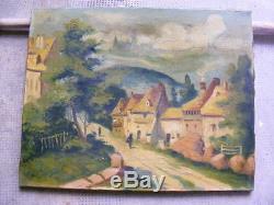 Beautiful Old Oil On Vellum, Lively Village, Unsigned, Barbizon