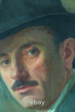 Beautiful Old Painting Portrait of Man with Hat Villeneuve-sur-Lot G Barlangue Stamp