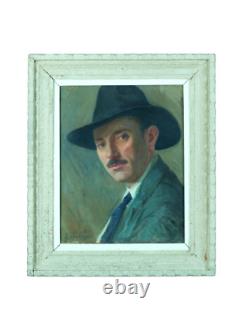 Beautiful Old Painting Portrait of Man with Hat Villeneuve-sur-Lot G Barlangue Stamp