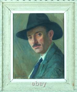 Beautiful Old Painting Portrait of Man with Hat Villeneuve-sur-Lot G Barlangue Stamp