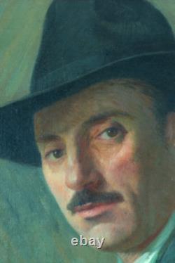 Beautiful Old Painting Portrait of Man with Hat Villeneuve-sur-Lot G Barlangue Stamp