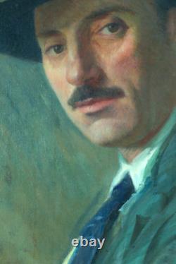 Beautiful Old Painting Portrait of Man with Hat Villeneuve-sur-Lot G Barlangue Stamp