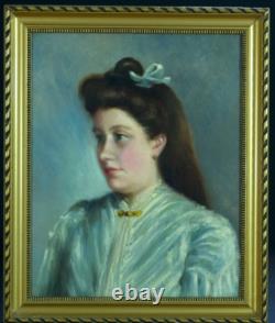 Beautiful Old Painting Portrait of a Thoughtful Young Girl Impressionist