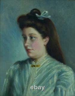 Beautiful Old Painting Portrait of a Thoughtful Young Girl Impressionist