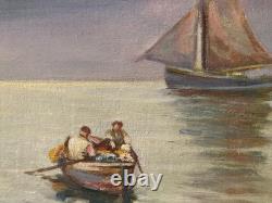 Beautiful Painting 1950 Boat Fishing Oil on Canvas Impressionism Fauvism Antique
