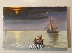 Beautiful Painting 1950 Boat Fishing Oil on Canvas Impressionism Fauvism Antique