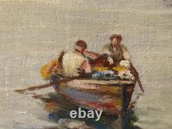 Beautiful Painting 1950 Boat Fishing Oil on Canvas Impressionism Fauvism Antique