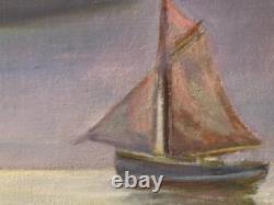 Beautiful Painting 1950 Boat Fishing Oil on Canvas Impressionism Fauvism Antique