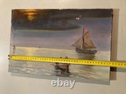 Beautiful Painting 1950 Boat Fishing Oil on Canvas Impressionism Fauvism Antique
