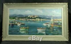 Beautiful Painting Old Oil On Canvas The Port Of Antibes Signed A. Riguetti