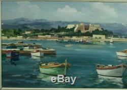 Beautiful Painting Old Oil On Canvas The Port Of Antibes Signed A. Riguetti