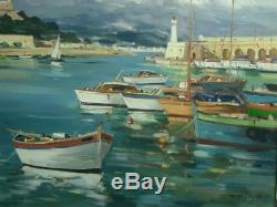 Beautiful Painting Old Oil On Canvas The Port Of Antibes Signed A. Riguetti