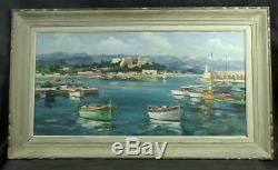 Beautiful Painting Old Oil On Canvas The Port Of Antibes Signed A. Riguetti