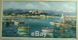 Beautiful Painting Old Oil On Canvas The Port Of Antibes Signed A. Riguetti