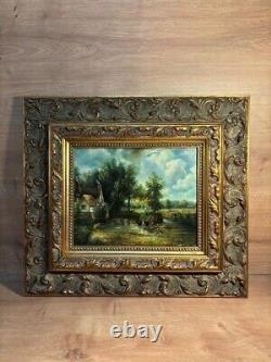 Beautiful Painting or Oil on Wood House by the Lake, 19th Century