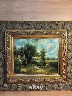 Beautiful Painting or Oil on Wood House by the Lake, 19th Century