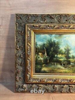 Beautiful Painting or Oil on Wood House by the Lake, 19th Century