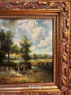 Beautiful Painting or Oil on Wood House by the Lake, 19th Century
