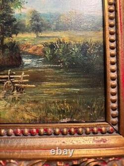 Beautiful Painting or Oil on Wood House by the Lake, 19th Century