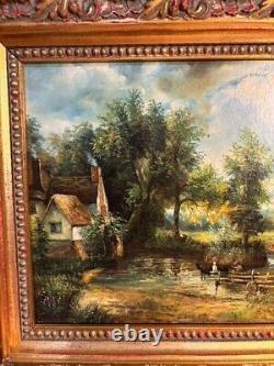 Beautiful Painting or Oil on Wood House by the Lake, Antique 19th Century