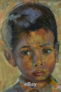 Beautiful Picture Former Indochina Asian Child Portrait Oil On Canvas No. 1