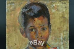 Beautiful Picture Former Indochina Asian Child Portrait Oil On Canvas No. 1