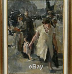 Beautiful Table From Street Scene Oil On Canvas 1940 Ancient Painting