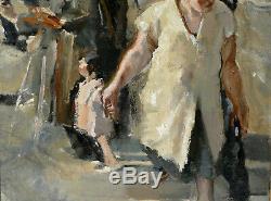 Beautiful Table From Street Scene Oil On Canvas 1940 Ancient Painting