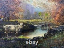 Beautiful antique oil painting on canvas, cows, Impressionism, 60 x 43 cm