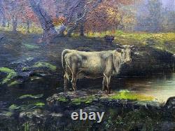Beautiful antique oil painting on canvas, cows, Impressionism, 60 x 43 cm