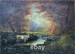 Beautiful antique oil painting on canvas, cows, Impressionism, 60 x 43 cm
