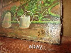 Beautiful oil on canvas, old garden scene in spring, signed