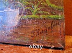 Beautiful oil on canvas, old garden scene in spring, signed