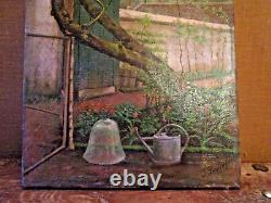 Beautiful oil on canvas, old garden scene in spring, signed