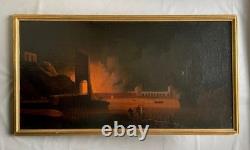 Burning Fortress, oil on canvas, antique painting, 18th century