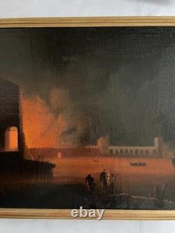Burning Fortress, oil on canvas, antique painting, 18th century