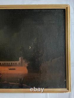 Burning Fortress, oil on canvas, antique painting, 18th century