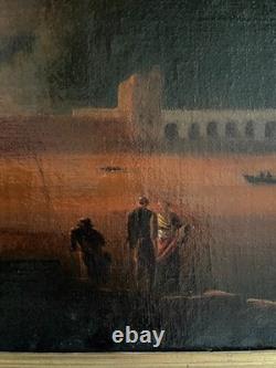 Burning Fortress, oil on canvas, antique painting, 18th century