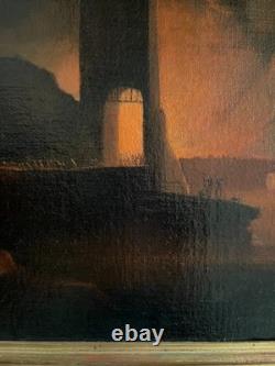 Burning Fortress, oil on canvas, antique painting, 18th century
