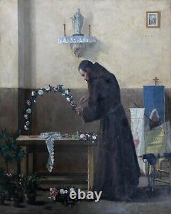 Century Old Painting, Monk Preparing the Feast of the Rosary, Large Oil on Canvas, 19th Century
