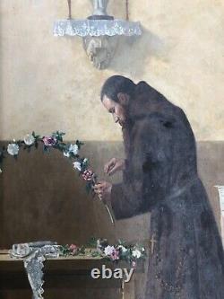 Century Old Painting, Monk Preparing the Feast of the Rosary, Large Oil on Canvas, 19th Century