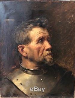 Charles Mezzara Knight In Armor, Oil On Canvas Old Medieval Painting