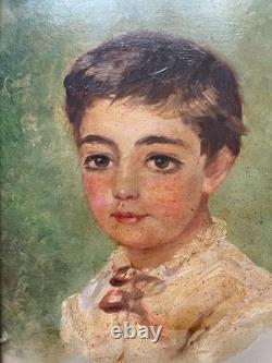 Child Portrait, oil on cardboard, antique signed painting, 1884, 19th century