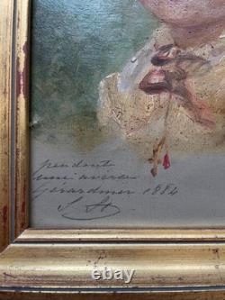 Child Portrait, oil on cardboard, antique signed painting, 1884, 19th century