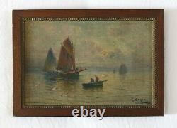 Corbier, Antique Painting, Oil On Panel, Boat, Fishing, Gaston Corbier