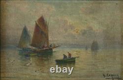 Corbier, Antique Painting, Oil On Panel, Boat, Fishing, Gaston Corbier